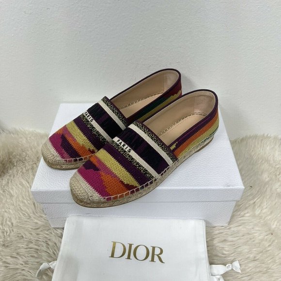NIB DIOR Granville Logo Embroidered Multicolor Patchwork Flat Espadrille 38 - Picture 2 of 9